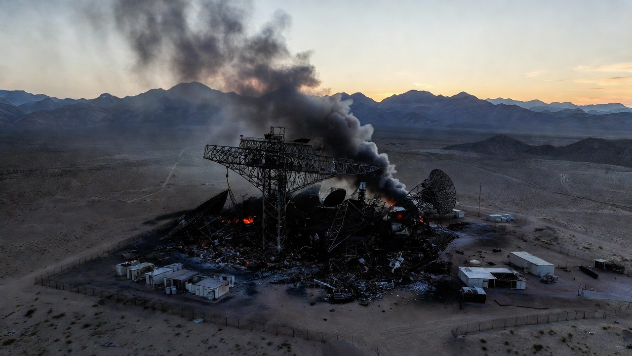 Destroyed and smoldering AN/TPY-2 military radar system in the desert at dusk