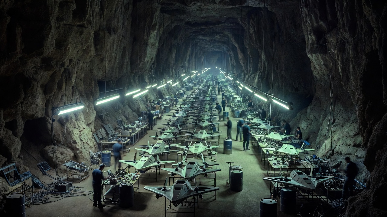 Massive industrial cave carved into rock with rows of kamikaze drones being assembled under fluorescent light