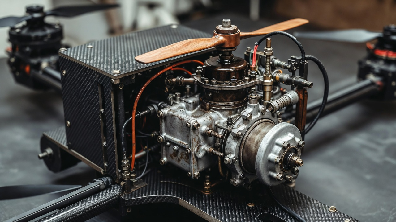 Close-up of a lawnmower-type combustion engine mounted on a carbon fiber drone chassis