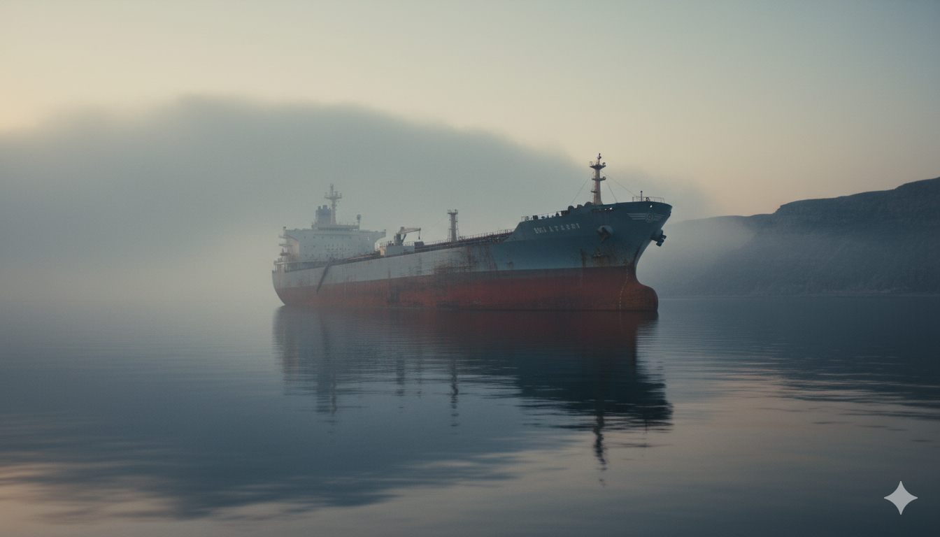 Supertanker paralysed in front of the Strait of Ormuz at sunset