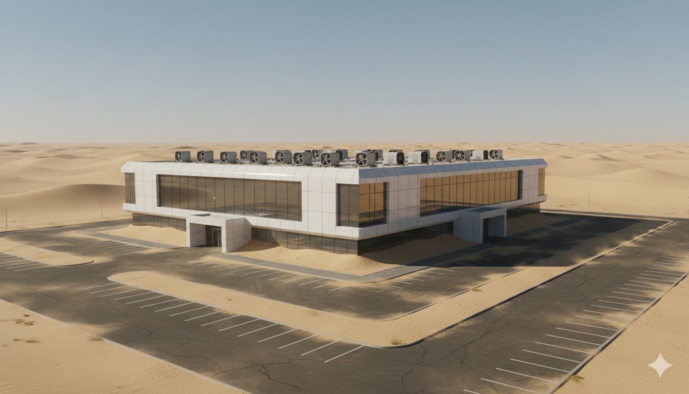 Abandoned AI data center in Abu Dhabi desert with lights on and no staff