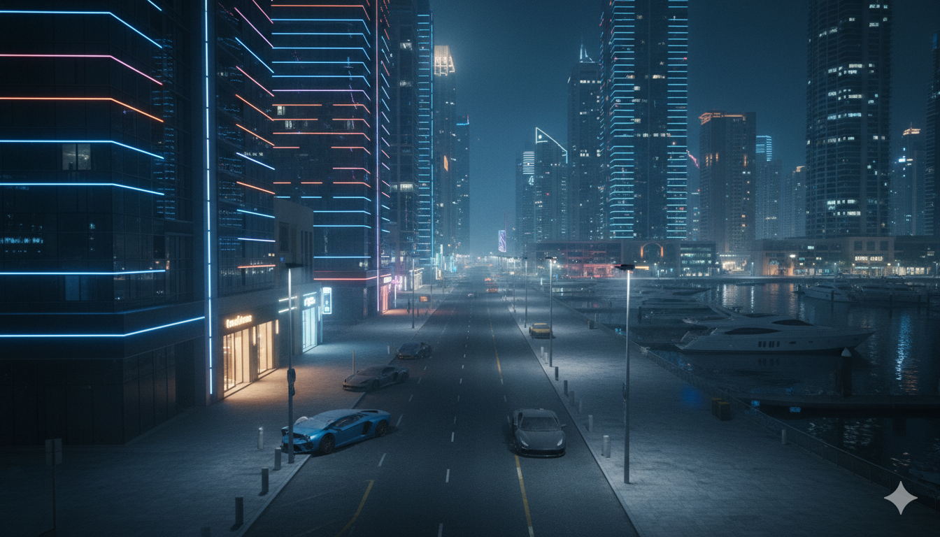 Dubai Marina at night with lit skyscrapers and half-empty restaurants and terraces