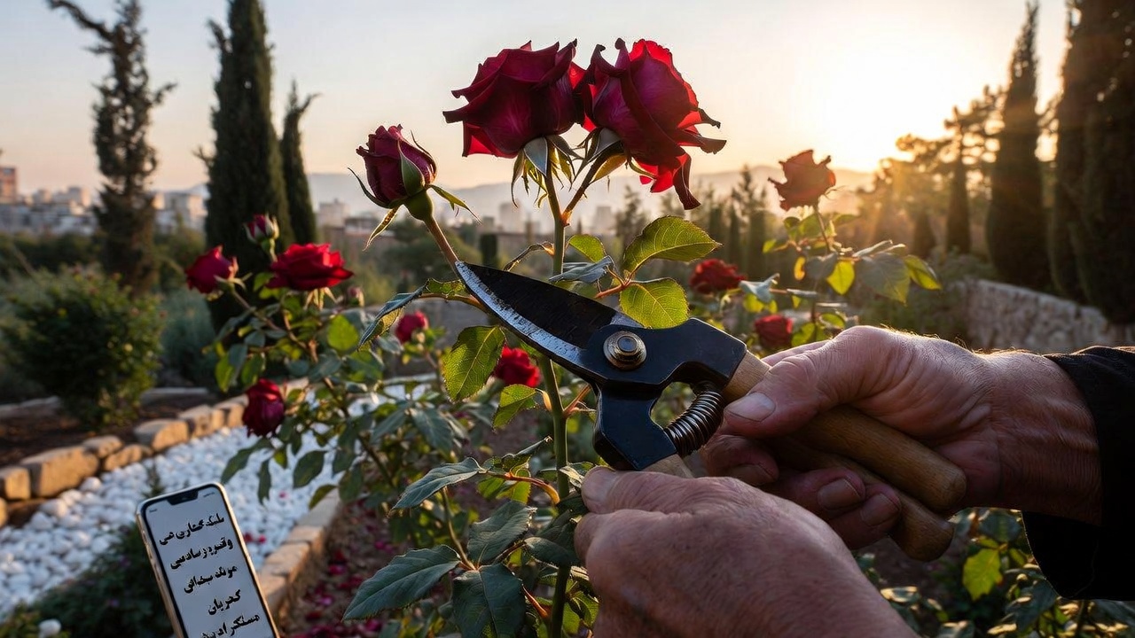 Elderly hands pruning red Persian roses in sunlit garden with phone screen showing communiqué in Farsi