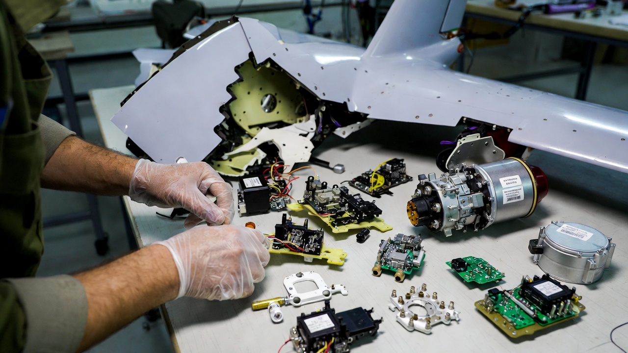 Military technician examining drone wreckage with labeled parts: Shenzhen flight controller, Xiamen engine, Made in China PCB