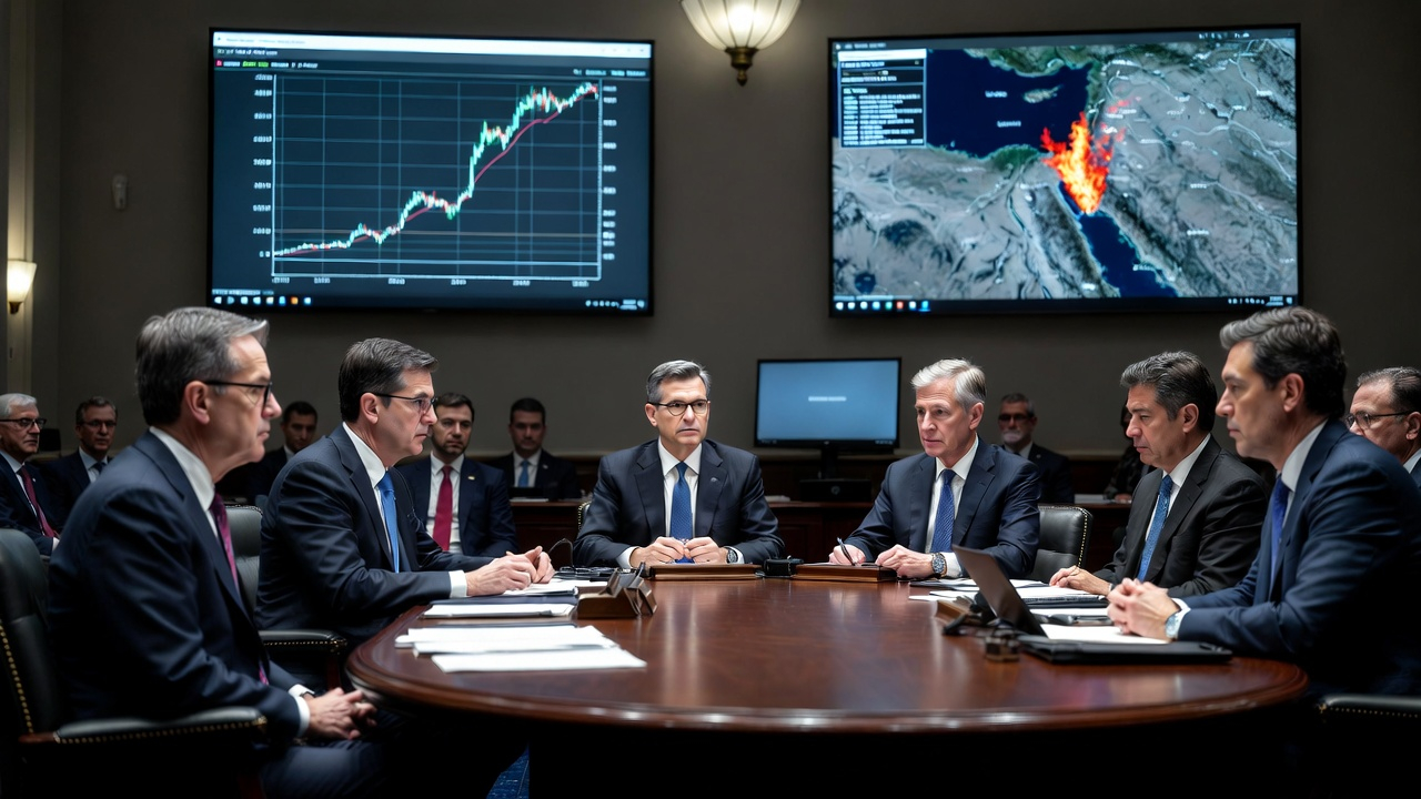 Federal Reserve meeting room with board members around oval table, screen showing rates chart and Hormuz map with red flame