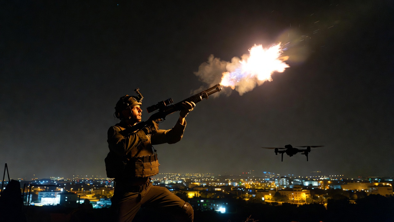 Israeli soldier at night aiming shotgun upward at small low-flying drone silhouette