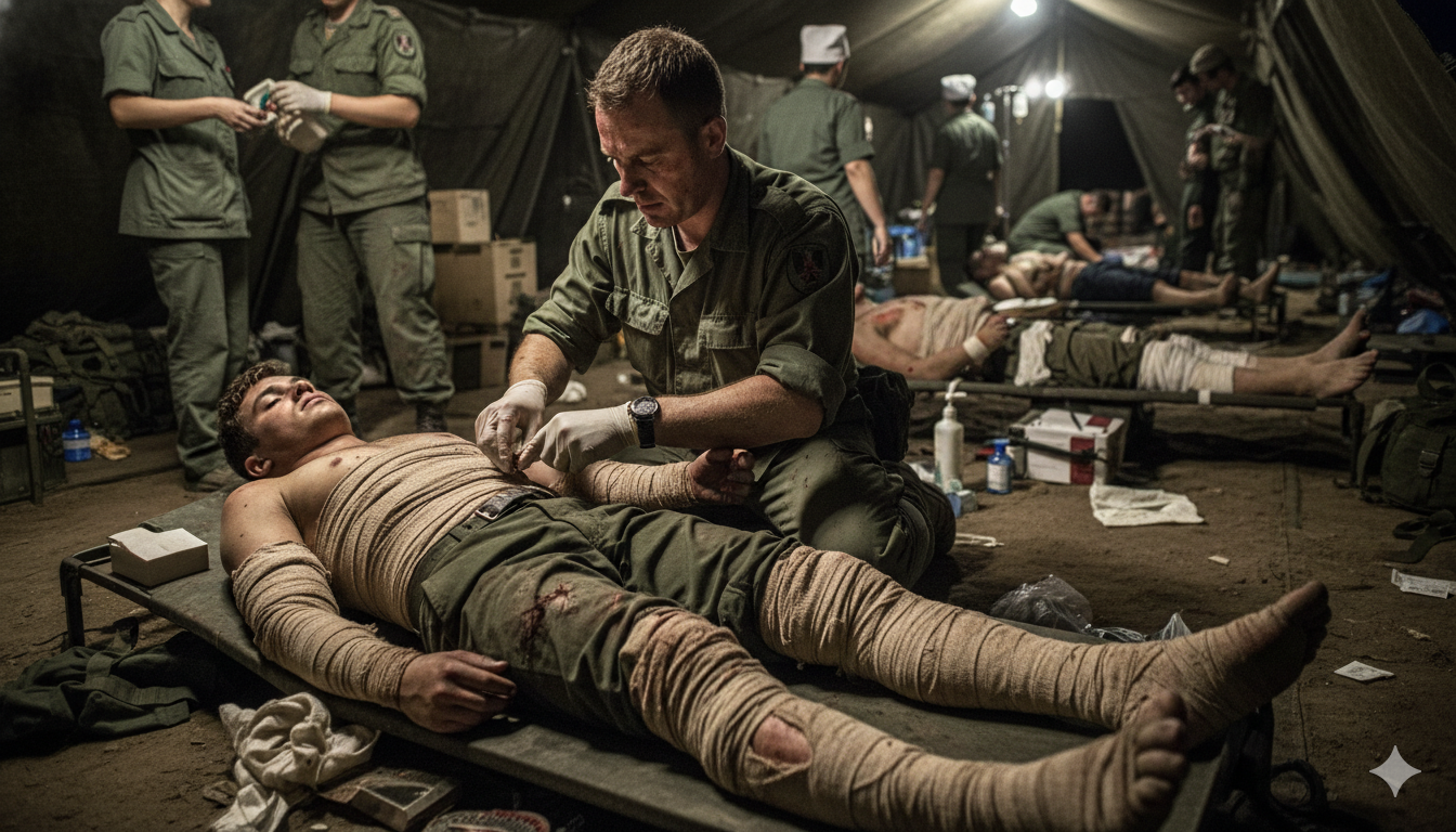 Field hospital with military doctor treating multiple shrapnel victims, bandages on arms and legs