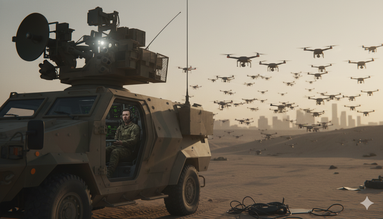 Military vehicle with large deployed electronic warfare antenna, swarm of drones passing indifferently, frustrated operator