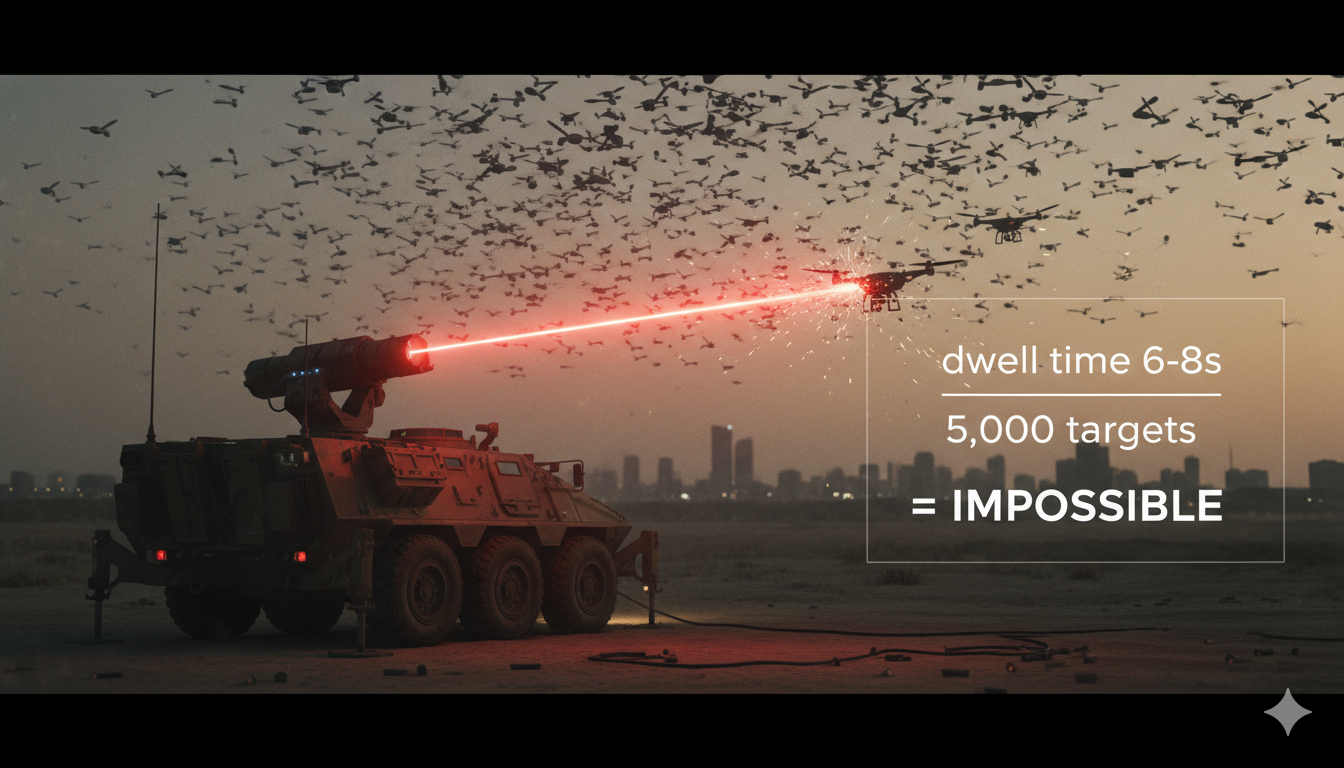 Iron Beam laser system targeting drone with visible beam, hundreds of other untargeted drones in background, diagram with dwell time 6-8s