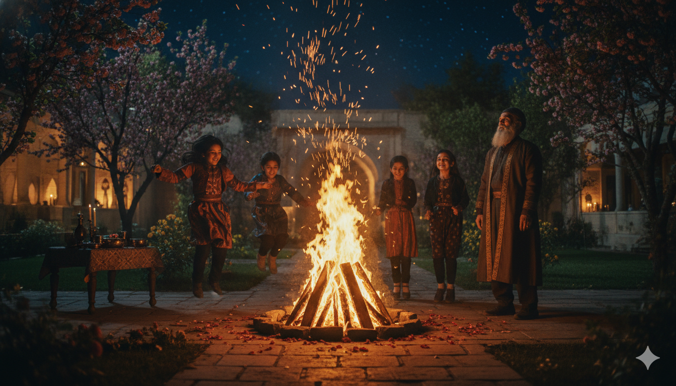 Nowruz ritual bonfire in nocturnal Persian garden, children jumping over flames, elderly man standing by the fire