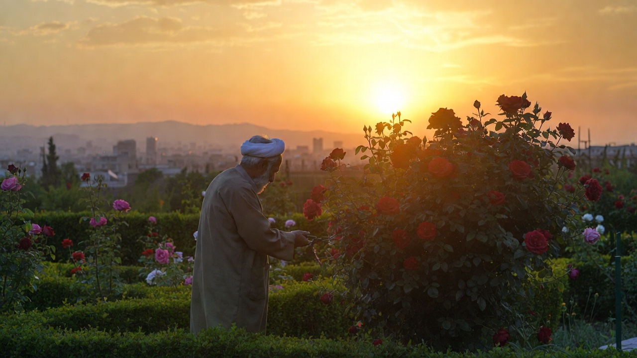 Elderly Iranian man pruning Nowruz roses in a Persian garden with Tehran in the background