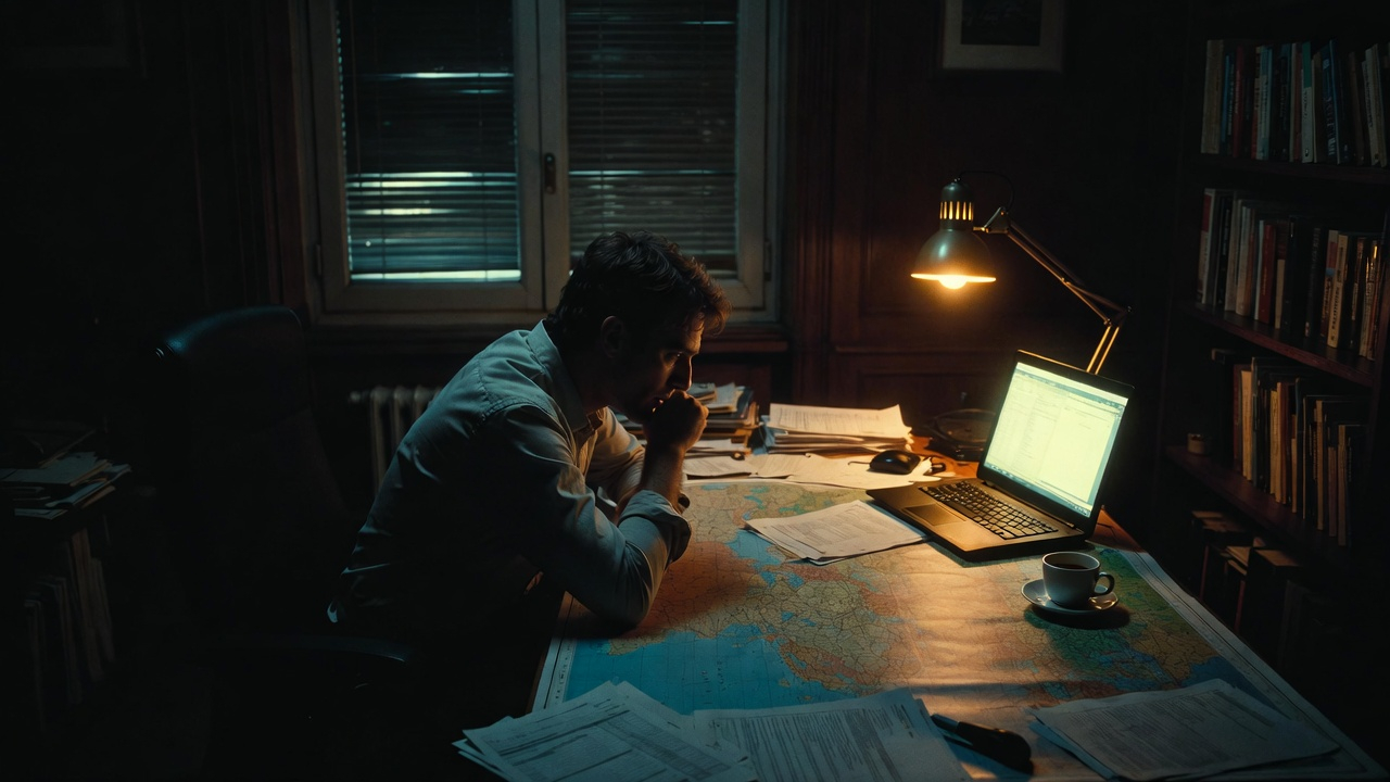 Journalist in a dark studio in Madrid with maps of the Middle East