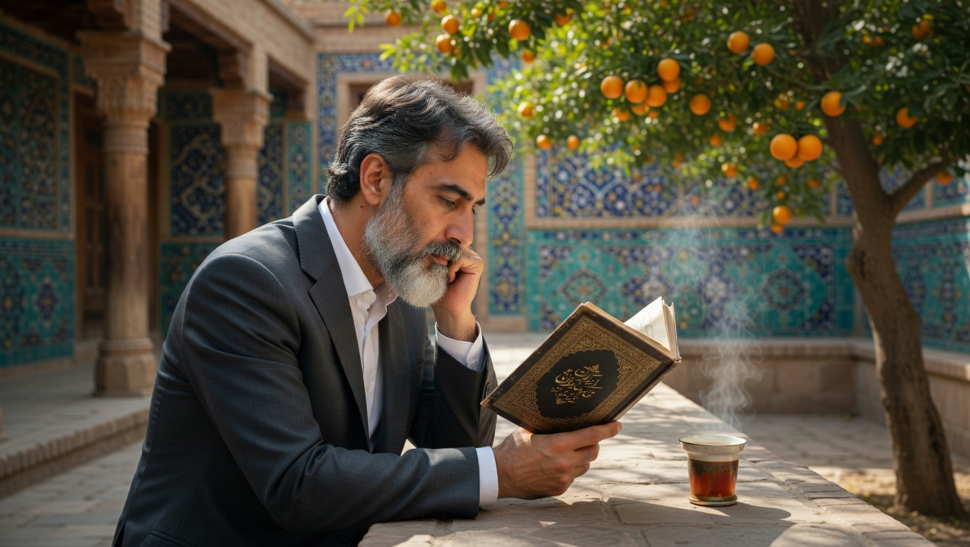 Elegant elderly Iranian man reading poetry in a Persian garden with orange trees