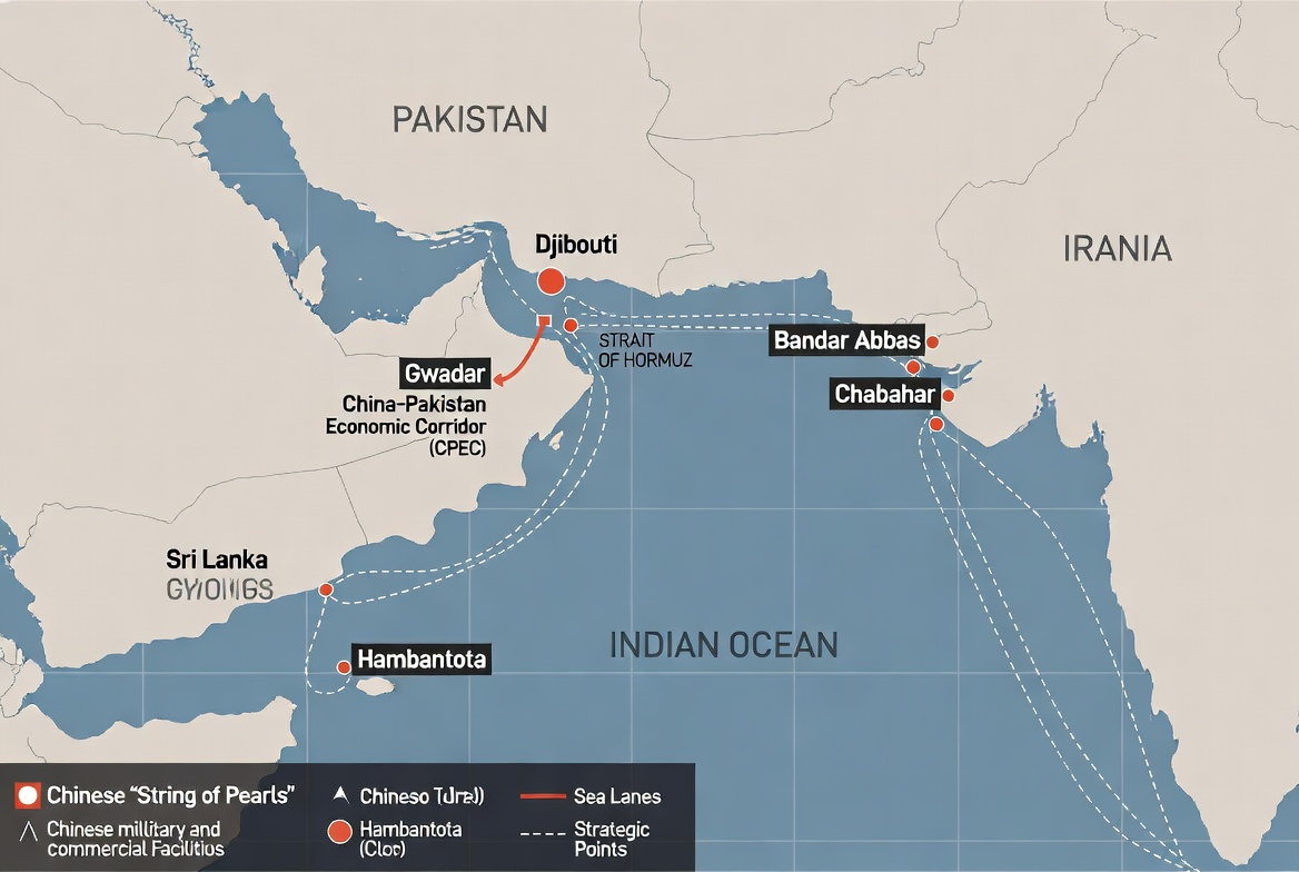 Map of China's 'String of Pearls': network of ports and logistics bases surrounding the Strait of Hormuz