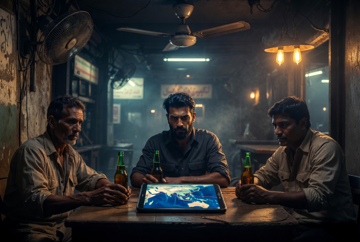 Three sailors in a Bandar Abbas bar, Iranian port in the background