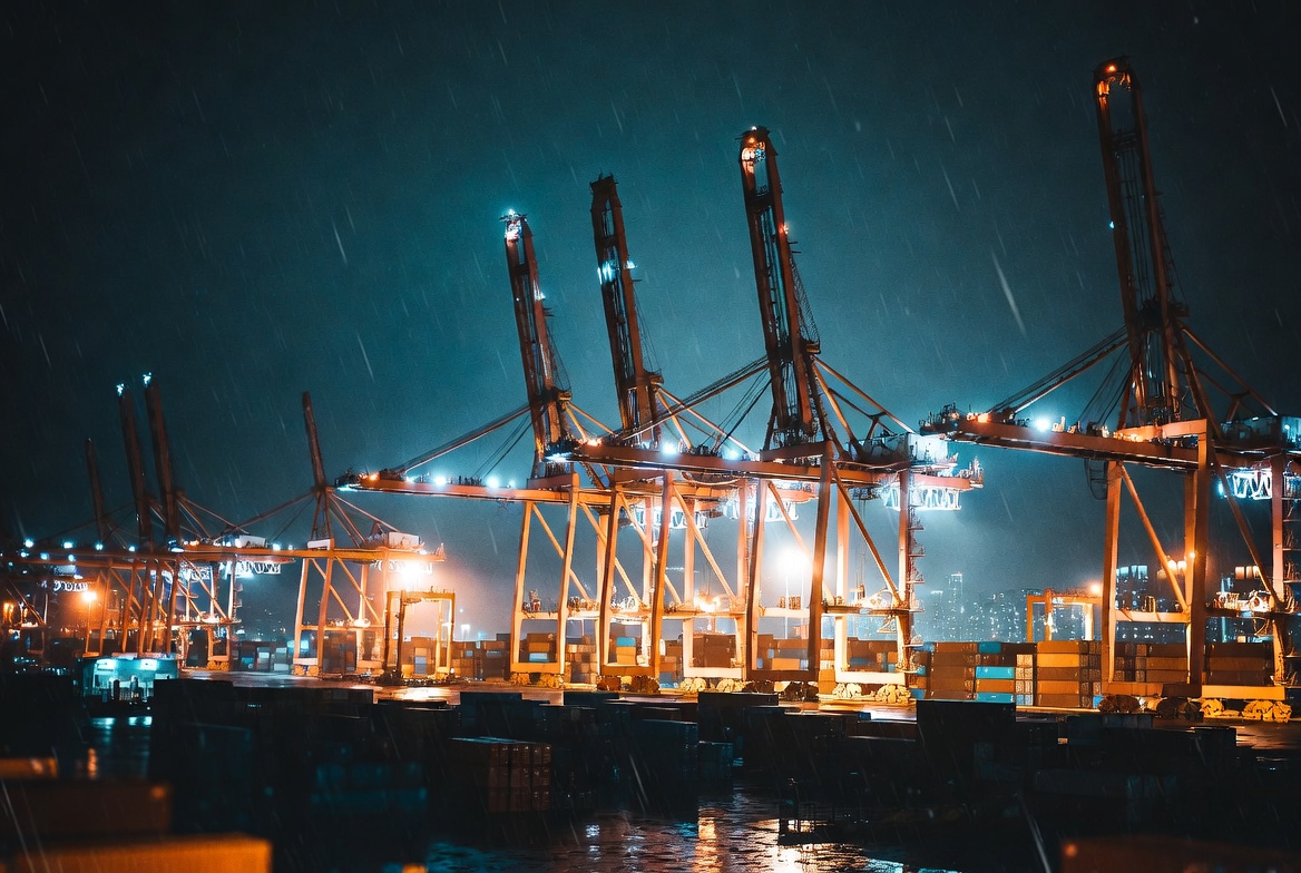 Yangshan Container Terminal, Shanghai, at night — the world's largest port cranes