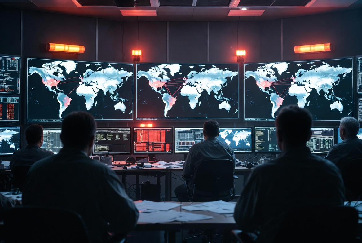 Intelligence crisis room with real-time submarine cable cut alerts