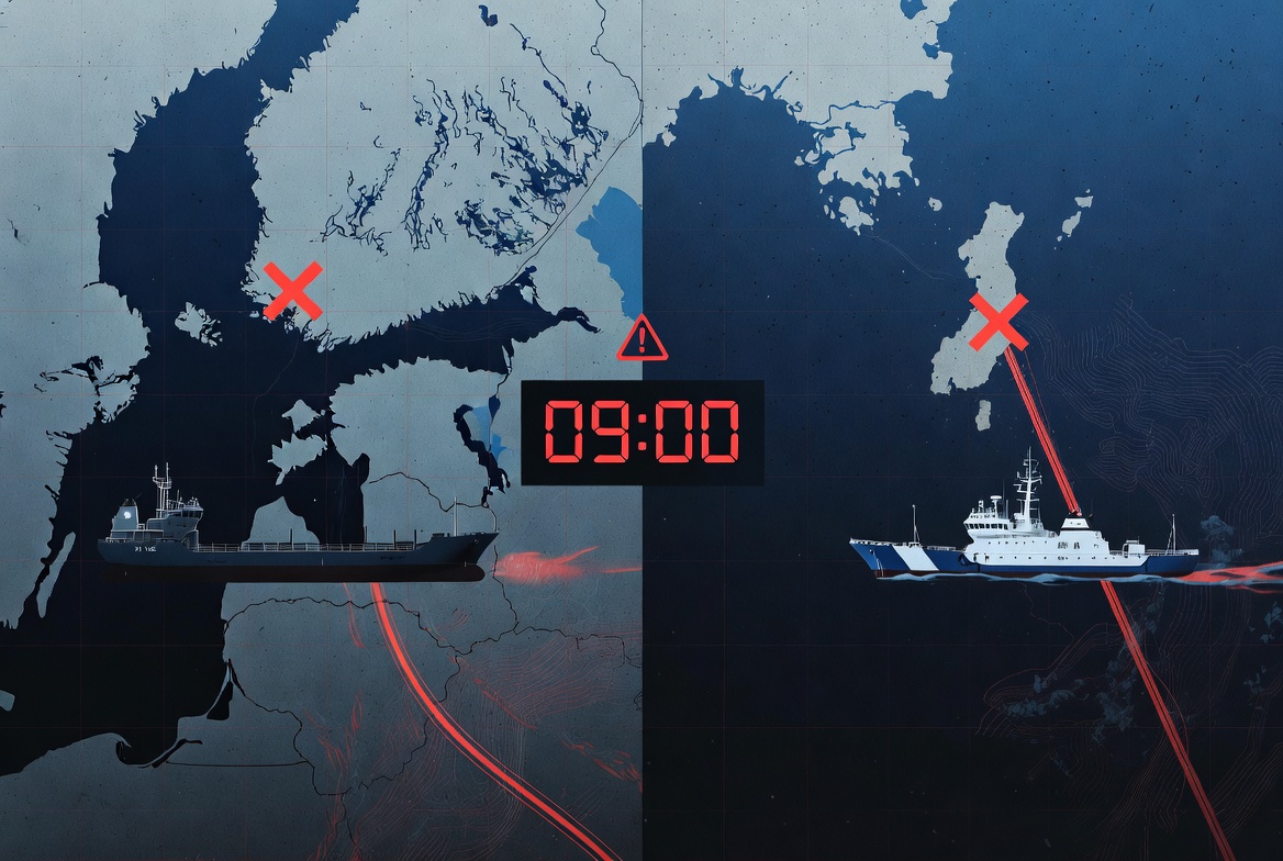 Map: Two simultaneous operational theaters on February 8, 2026. Theater A: Baltic Sea (BCS-East cable, suspect vessel Xi Yue). Theater B: Taiwan Strait (Matsu TPKM cable, PLA research vessel in EEZ). Time difference: 9 minutes. Statistical probability of natural simultaneity: 1 in 10^8.