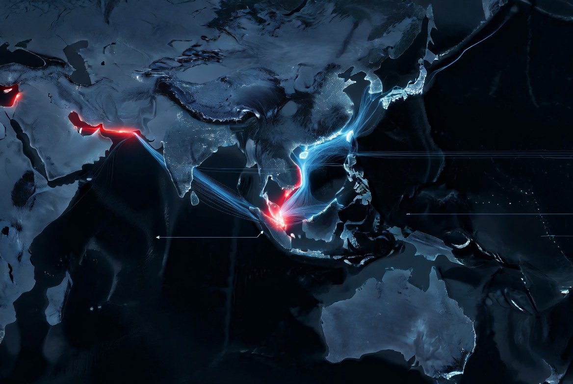 Map: Indo-Pacific submarine cable network with strategic chokepoints (Hormuz, Malacca, Bab-el-Mandeb). Red dots mark highest vulnerability zones. Source: TeleGeography 2026.