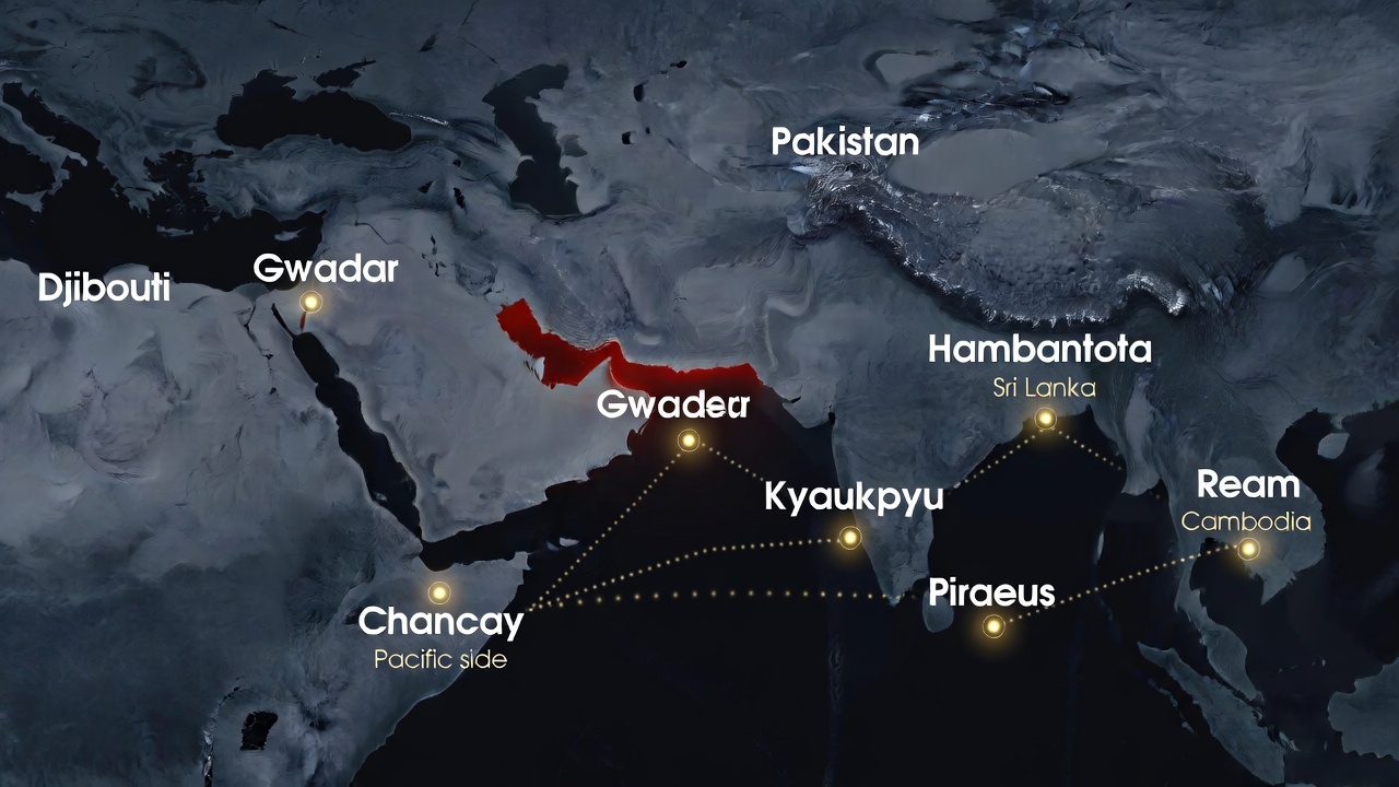 Map: China's String of Pearls. Strategic ports: Gwadar (Pakistan), Hambantota (Sri Lanka), Kyaukpyu (Myanmar), Ream (Cambodia), Djibouti, Chancay (Peru), Piraeus (Greece). Each node controls a chokepoint or critical maritime route. Source: CSIS AMTI 2025.